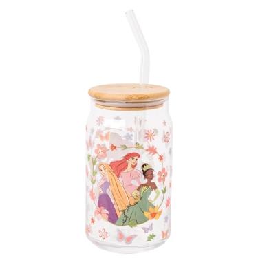 Imagem de Silver Buffalo Princesas Disney com Rapunzel Enrolado, Ariel Pequena Sereia, Princesa Tiana e o Sapo Copo de Vidro Floral Primavera com Tampa de Bambu e Canudo de Vidro, 473 ml