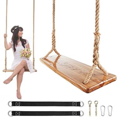Imagem de Wooden Tree Swing,Wooden Swing for Adults/Kids with 500lbs Load Capacity,Adjustable Hemp Rope Plus Tree Straps 100 inch, Hanging Wooden Swing Seat for Indoor, Outdoor, Garden,Yard,Backyard