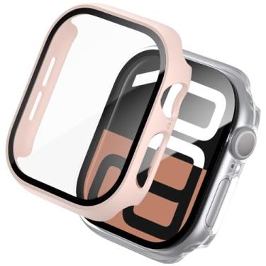 Imagem de WISKII Pacote com 2 capas compatíveis com Apple Watch Series 10 de 46 mm com protetor de tela, capa rígida ultrafina à prova de choque para iWatch 46 mm, acessórios rosa/transparente