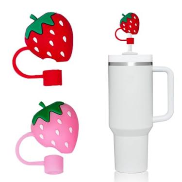 Imagem de WELTAZ Pacote com 2 canudos de grau alimentício para copo Stanley Adventure de 1,2 litros, cobertura de palha de morangos de 10 mm para acessórios Stanley Cup, tampa de canudos para copo Stanley de 1,2 l 850 g com alça