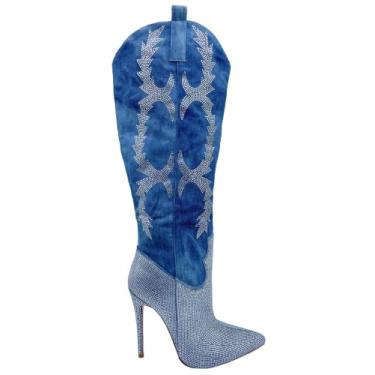 Imagem de Frankie Hsu Botas femininas bordadas de strass estilo caubói ocidental, costura na altura do joelho, azul, salto stiletto, moderno, clássico, panturrilha larga, tamanho grande, Azul, 35