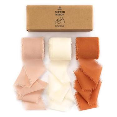 Imagem de Vitalizart Fita de seda de chiffon feita à mão com franjas de 3,8 cm x 21 m de terracota creme, bordas desgastadas, para convites de casamento, buquês de noiva, presentes, artesanato, decorações de