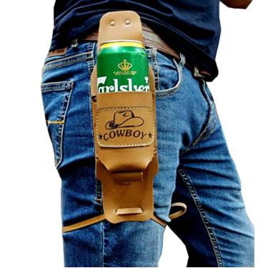 Imagem de 5MOONSUN5 Coldre de cerveja 's Coldre de couro caubói para cerveja, suporte de bebida mãos-livres, alça de perna de garrafa, moda antiga, bebida ocidental, equipamento de presente de festa masculino,