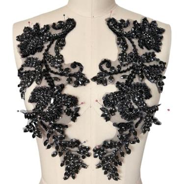 Imagem de Apliques de strass feitos à mão costurados em remendo de renda de cristal, 1 par para roupas DIY, vestido de casamento, decoração de fantasia multicolorida (preto)