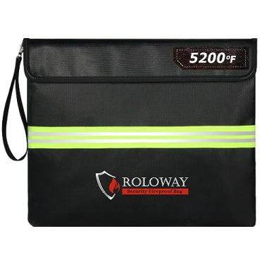 Imagem de ROLOWAY Bolsa de documentos à prova de fogo com camada de alumínio atualizada (2315 °C), bolsa à prova de fogo para documentos com tira refletiva (35,5 x 28 cm), bolsa de dinheiro à prova de fogo para dinheiro com zíper (preto)
