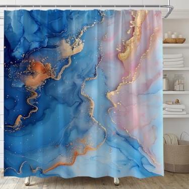 Imagem de AMFD Cortina de chuveiro de mármore azul abstrato colorido ombré textura moderna aquarela arte decoração conjunto de tecido inclui ganchos, (177,8 cm x 170 H)