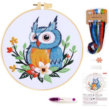 Imagem de Kit de bordado para iniciantes, kit de bordado de flor de coruja para adultos iniciantes, kits de ponto cruz com argolas de pano de bordado, agulhas de instruções e passador