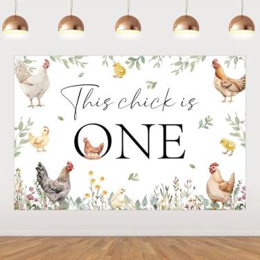 Imagem de Funmemoir Decorações de 1º aniversário Frango This Chick is One Birthday Party Pano de fundo com tema de galinha Faixa de primeiro aniversário para animais de fazenda Decorações de 1º aniversário