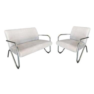 Imagem de Kit Namoradeira + Poltrona Decorativa Bela Suede Bege Braço Cromado - 