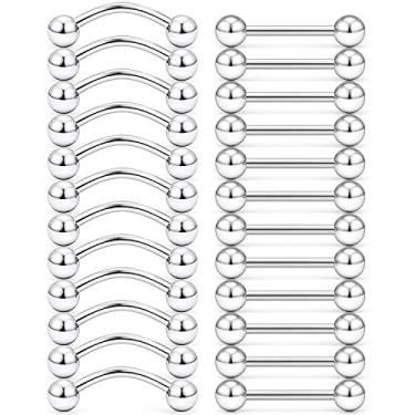 Imagem de Anéis de mamilo com 24 peças da Hoeudjo, 14 g, barra curvada, olho de cobra, língua, piercing, joia, aço cirúrgico, aço cirúrgico, barra de mamilo, 12 mm, 14 mm, 16 mm