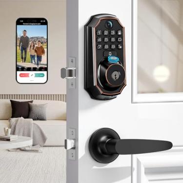 Imagem de Trava inteligente de vídeo WiFi com câmera e campainha – Entrada sem chave 5 em 1, impressão digital, teclado, controle de aplicativo, áudio bidirecional, bloqueio automático, impermeável, fácil