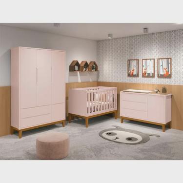Imagem de Kit Quarto Infantil Square Rosa - Berço + Cômoda com Porta + Guarda-roupa 3 portas