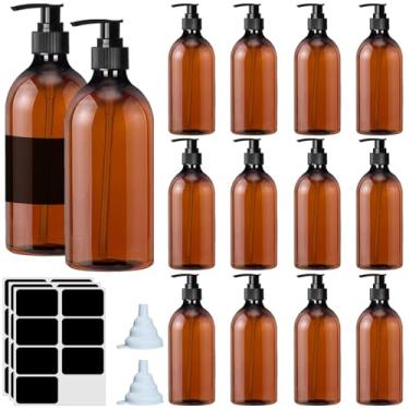 Imagem de TANEMUDO Dispensador de sabão âmbar com 14 frascos de plástico de 500 ml, recipiente de xampu recarregável vazio, 3 etiquetas e 2 funis para desinfetante para as mãos, loção para lavagem corporal