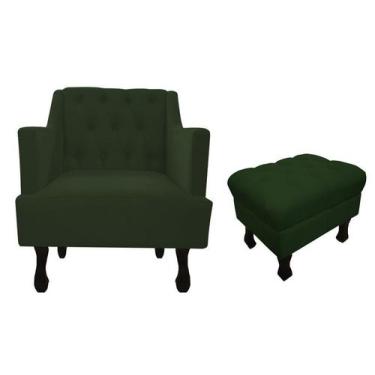 Imagem de Kit Poltrona Decorativa Julia + Puff Luis Xv Suede Verde Pés Madeira M
