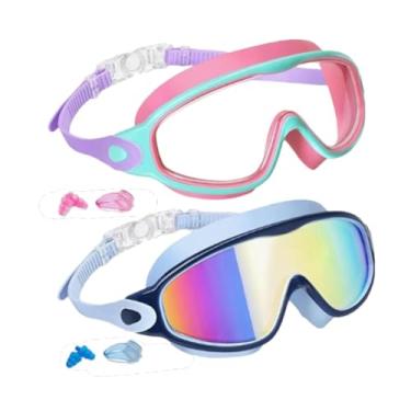 Imagem de menolana 2pcs Kids Swim Goggles Goggles portáteis com plugue de orelha Profissional de visão ampla ajustável sem vazamento de óculos de água, Rosa E Azul