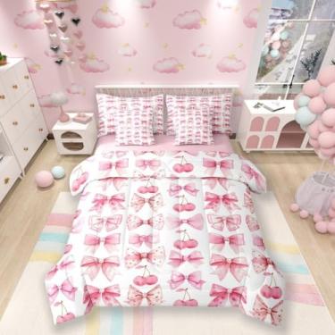 Imagem de Conjunto de cama Queen com laço de 7 peças, laço rosa, cereja, frutas tropicais, patchwork, coração, sonhador, rosa (edredom + plano, 2 fronhas + 2 capas de travesseiro)