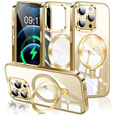 Imagem de ESTPEAK Capa de titânio dourado com suporte de CD Mag-Stand para iPhone 12 Pro Max com anel magnético invisível, [apto para MagSafe] [nunca amarela] Capa de telefone transparente para iPhone 12 Promax