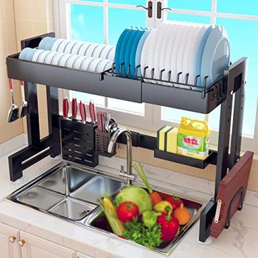 Imagem de AKALNNB Escorredor de louça sobre a pia, altura ajustável acima da pia prateleira organizador de armazenamento de aço inoxidável escorredor de pratos grande para cozinha (Noir 64 x 28 x 84 cm) (Noir