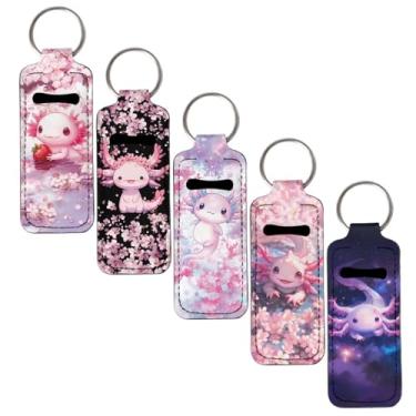 Imagem de KEIAHUAN Axolotl de desenho animado 5 peças porta-batom chaveiro a granel fofo neoprene protetor labial brilhante manga batom bolsa protetor labial coldre acessórios de viagem