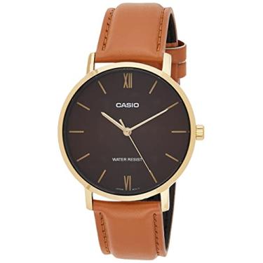 Imagem de Relógio Analógico Masculino Casio MTP-VT01GL-5B Minimalista em Couro Marrom em Tom Dourado Mostrador Borgonha com 3 Mãos