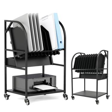 Imagem de Gtouse Carrinho de carregamento de laptop aberto de 2 níveis com rodas, carrinho de carregamento móvel de 10 dispositivos para laptops, computadores, tablets e Chromebooks, rack de armazenamento para