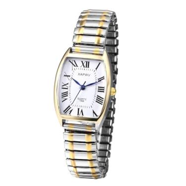 Imagem de JewelryWe Relógio analógico feminino Easy Reader banhado a ouro prata pulseira elástica para o Natal, quadrado, ouro romano, prata, relogio elástico