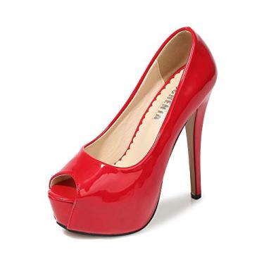 Imagem de Ochenta escarpim feminino peep toe plataforma salto alto, Patent Red, 5.5