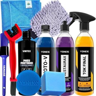 Imagem de Kit Lavagem Completa Para Moto Shampoo Moto-V Revitalizador de plasticos Restaurax Cera Cristalizadora Tok Final Vonixx pneu Pretinho Vintex