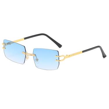 Imagem de Heptagram Óculos de sol vintage sem aro feminino masculino dourado metal sem moldura retangular óculos de sol retrô anos 90, Armação dourada gradiente azul