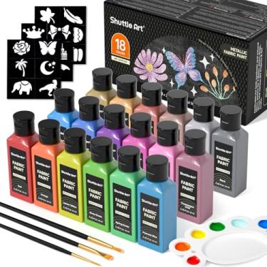 Imagem de Pintura de tecido metálico, Shuttle Art 18 cores metálicas tinta permanente de tecido macio em frascos (60 ml) com pincel e estêncis, tinta têxtil não tóxica para camisetas, sapatos, jeans, bolsas e projetos de bricolage