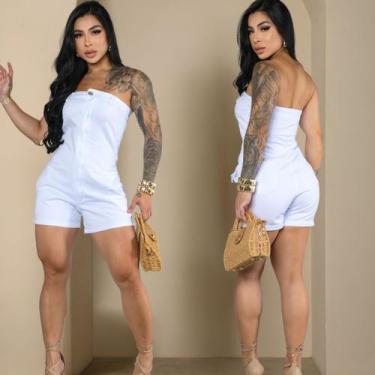 Imagem de Macacão Jardineira Short Jeans sem alça Botões - SELLERPRIMIUM, Lavage