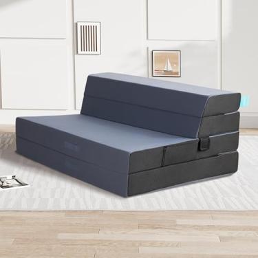 Imagem de LIKIMIO Colchão dobrável Queen, colchão de espuma de alta densidade com capa respirável e lavável e bolsa de armazenamento, tapete dobrável de 10 cm para acampamento, trailer e ioga, design de alça