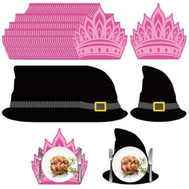 Imagem de Gandeer Jogo americano descartável com tema de bruxa, 30 cm, coroa de 30,5 cm, jogo americano de papel em forma de chapéu de bruxa para mesa de jantar de casamento, decoração de aniversário, decoração