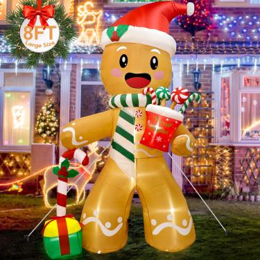 Imagem de Fayavoo Infláveis De Natal 8 Pés, Decorações Externas, Boneco Gengibre, Quintal Inflável Fofo Com Luzes Led Para Jardim Interno