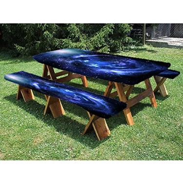 Imagem de Céu estrelado 183 cm toalha de mesa de piquenique de poliéster e banco ajustado, tema de estilo estrelado cósmico, conjunto de 3 peças, perfeito para festas ao ar livre, pátio 76 x 182 cm