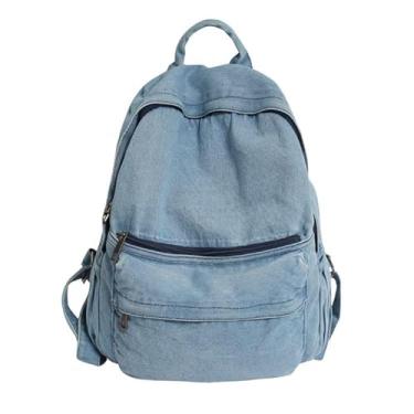Imagem de TYHOTULY Mochila jeans de viagem leve vintage mochila Y2K mochila multiuso ajustável bolsas de ombro para mulheres e homens, Azul
