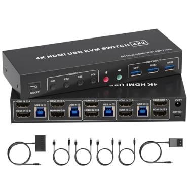 Imagem de Interruptor KVM 4K HDMI USB 4 x 2, suporte para monitor duplo, 4 entradas de PC com compartilhamento USB 3.0