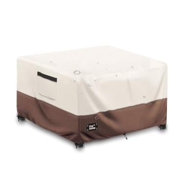 Imagem de Finiboko Capa para otomana de pátio, 81 cm C x 81 cm L x 41 cm A, capa de mesa de jantar quadrada para móveis de exterior, 100% à prova d'água, 600D, resistente, para uso externo, bege e sobrancelha