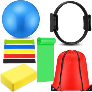 Imagem de Conjunto de 10 anéis de pilates para mulheres, acessórios de equipamentos de ioga em casa, anel de pilates e exercícios com bola, presente inclui bola, ioga, círculo, faixas de resistência, tiras de