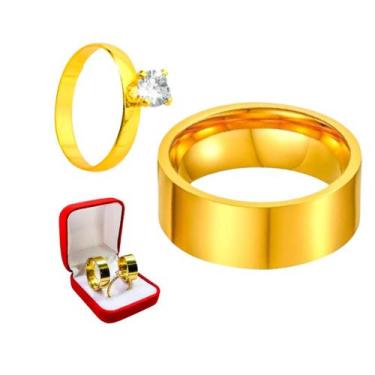 Imagem de Aliança Dourada Reta 8mm Lisa Casal Tradicional + Anel Solitario Doura