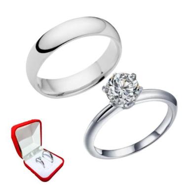 Imagem de Aliança De Namoro Prata 4mm Lisa Luxo + Anel Solitario De Prata Com Pe