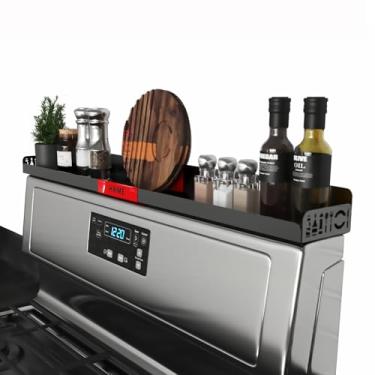 Imagem de STUTOV Prateleira magnética para fogão de 76 cm – Prateleira preta para temperos com design vermelho HOME – Organizador de temperos para a parte de trás do fogão – sobre fogão e prateleira de