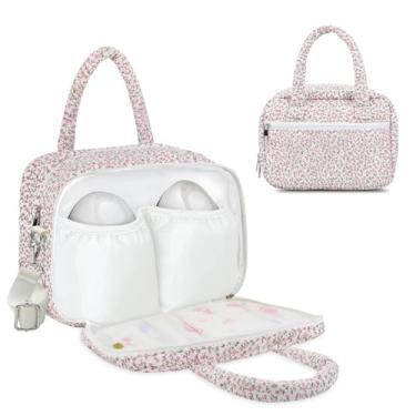 Imagem de Bolsa extrator de leite acolchoada de algodão compatível com Elvie, Willow e Momcozy, bolsa de bombeamento floral acolchoada com alça de ombro, bolsa de transporte portátil para trabalho, viagens e