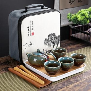 Imagem de Conjunto de chá chinês portátil - Bule de viagem de cerâmica com 5 peças, Gaiwan e 4 xícaras | Kit completo de chá Gongfu em bolsa de transporte, azul