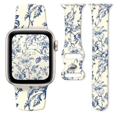 Imagem de Pulseira de silicone compatível com Apple Watch de 38 mm, 40 mm, 41 mm e 42 mm, para séries Ultra 2/1 SE 10 9 8 7 6 5 4, pulseira de substituição macia ajustável (flor azul)