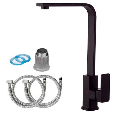 Imagem de Torneira Cozinha Grande de Bica Alta Luxo Misturador Quente e Frio Bancada Preta Em Aço Inox Mesa Pia Giratória 360°