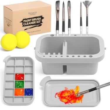 Imagem de DUGATO Kit de limpeza de pincéis de tinta, pia de pincel com bandeja organizadora de suporte, tampa de paleta e esponjas de arte para pintura acrílica, aquarela, óleo, guache