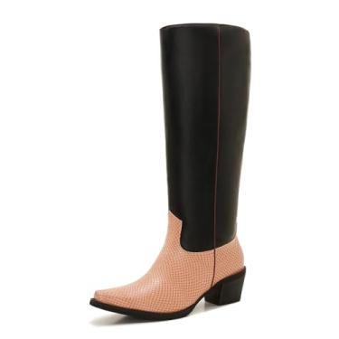 Imagem de Uillnoodu Botas femininas de cano alto até o joelho – Botas ocidentais de salto baixo plus size – Sapatos modernos de outono estilo equitação em dois tons, Preto, 12 Wide