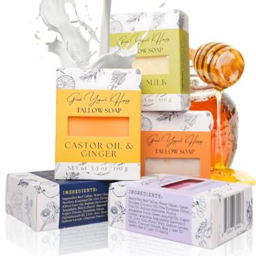 Imagem de Sabonete em barra de iogurte grego e sebo de mel - Sabonete natural prensado a frio para rosto e corpo | Carvão, lavanda, aveia e mel, óleo de rícino e gengibre, leite de cabra para homens e mulheres