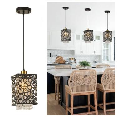 Imagem de PAFEE Luminária pendente de cristal moderna, lustre preto, luzes pendentes de altura ajustável em quadrado para cozinha, sala de jantar, sala de estar, hall de entrada, corredor